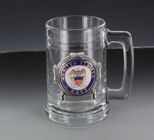 GLASS TANKARD WITH ANTIQUE PEWTER FINISH. CASTING HOLDS FULL COLOR U.S NAVY MEDALLION. CAPACITY 15 OUNCE.