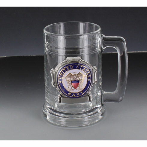 GLASS TANKARD WITH ANTIQUE PEWTER FINISH. CASTING HOLDS FULL COLOR U.S NAVY MEDALLION. CAPACITY 15 OUNCE.