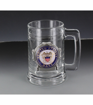 GLASS TANKARD WITH ANTIQUE PEWTER FINISH. CASTING HOLDS FULL COLOR U.S NAVY MEDALLION. CAPACITY 15 OUNCE.