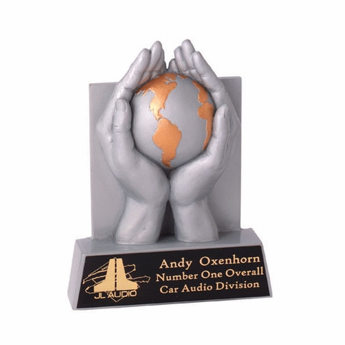 GLOBE/HAND SILVER TROPHY, 6-1/2 INCH, HAND PAINTED