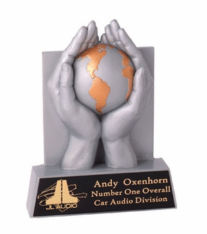 GLOBE/HAND SILVER TROPHY, 6-1/2 INCH, HAND PAINTED
