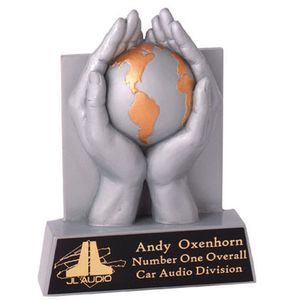 GLOBE/HAND SILVER TROPHY, 6-1/2 INCH, HAND PAINTED
