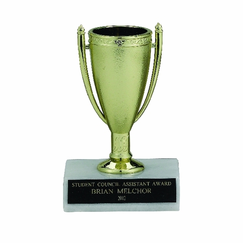 GOLD CUP TROPHY, 4-1/2 INCH, WHITE PLASTIC BASE