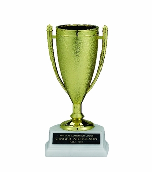 GOLD CUP TROPHY, 6-1/2 INCH, WHITE MARBLE BASE
