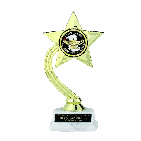 GOLD STAR TROPHY, 8 INCH, WHITE MARBLE BASE, 2 INCH INSERT