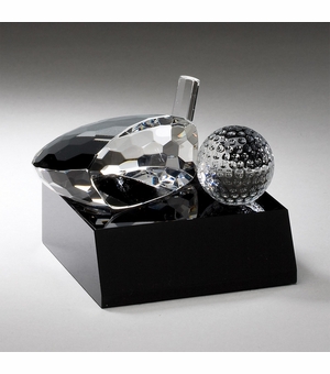 GOLF CLUB AND BALL OPTICAL CRYSTAL AWARD ON BLACK CRYSTAL BASE