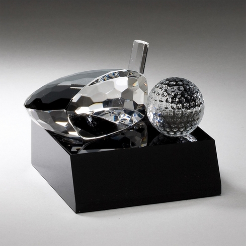 GOLF CLUB AND BALL OPTICAL CRYSTAL AWARD ON BLACK CRYSTAL BASE