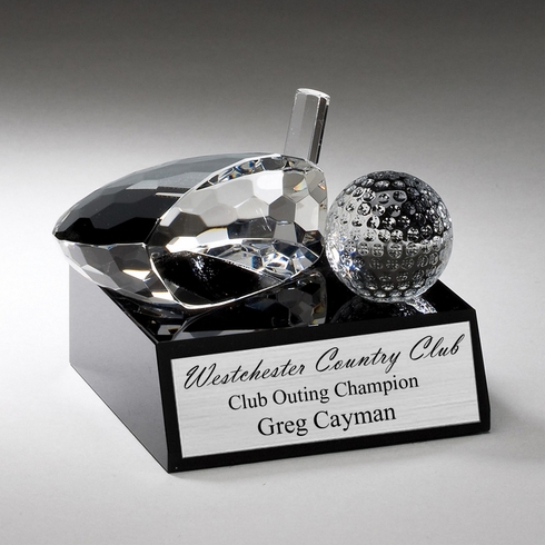 GOLF CLUB AND BALL OPTICAL CRYSTAL AWARD ON BLACK CRYSTAL BASE