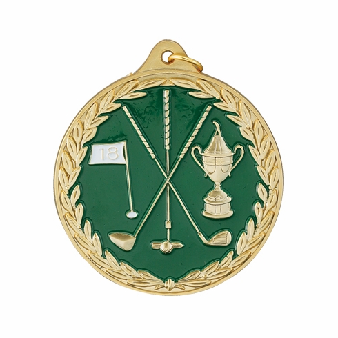 2-1/2 Inch Enameled Die-Cast Golf Medal in Gold, Silver, or Bronze