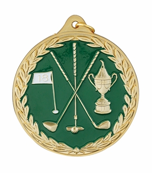 2-1/2 Inch Enameled Die-Cast Golf Medal in Gold, Silver, or Bronze