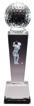 8 1/2" x 2 1/2" GOLF FEMALE CRYSTAL TROPHY LASER ENGRAVED GOLFER INSIDE CRYSTAL