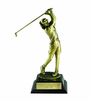 GOLF TROPHY, FEMALE, 12-1/2 INCH, ELECTROPLATED IN ANTIQUE BRASS
