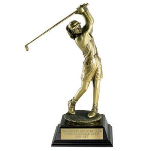GOLF TROPHY, FEMALE, 12-1/2 INCH, ELECTROPLATED IN ANTIQUE BRASS