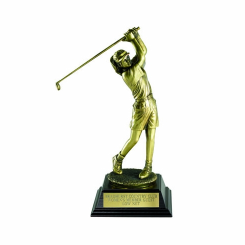 GOLF TROPHY, FEMALE, 12-1/2 INCH, ELECTROPLATED IN ANTIQUE BRASS