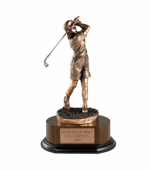 GOLF TROPHY, FEMALE, 12 INCH, ELECTROPLATED IN ANTIQUE BRONZE