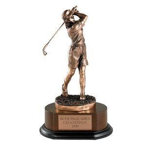 GOLF TROPHY, FEMALE, 12 INCH, ELECTROPLATED IN ANTIQUE BRONZE