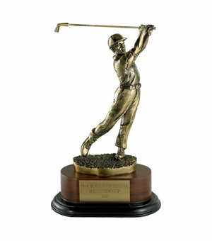 GOLF TROPHY, MALE, 11-1/2 INCH, ELECTROPLATED IN ANTIQUE BRASS