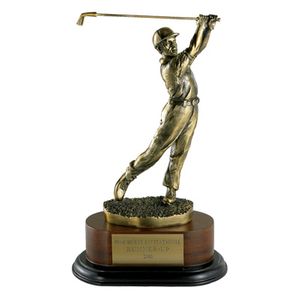GOLF TROPHY, MALE, 11-1/2 INCH, ELECTROPLATED IN ANTIQUE BRASS