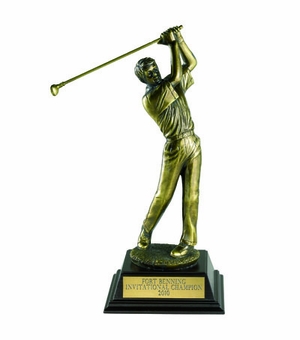 GOLF TROPHY, MALE, 12-1/2 INCH, ELECTROPLATED IN ANTIQUE BRASS