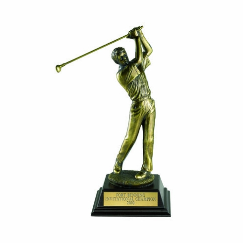 GOLF TROPHY, MALE, 12-1/2 INCH, ELECTROPLATED IN ANTIQUE BRASS