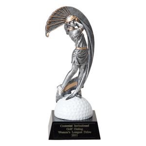 GOLFER, FEMALE, 8 1/2 INCH FIGURE TROPHY