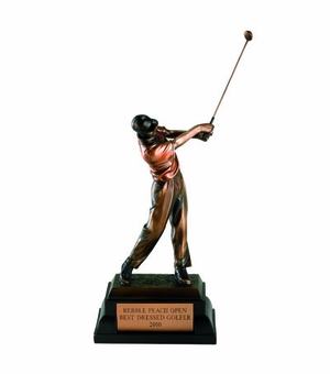GOLFER, MALE, 10-1/4 INCH, TINTED ELECTROPLATED IN ANTIQUE BRASS