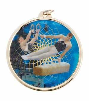 2-1/4 Inch in Diameter Round Male Gymnastics Gold Medal with Mylar Front Detailing and Customizable Back