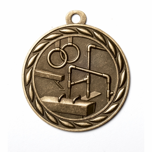 Metal 2-Inch in Diameter Round Gymnastics Medal with Cutomizable Back in Antique Brass