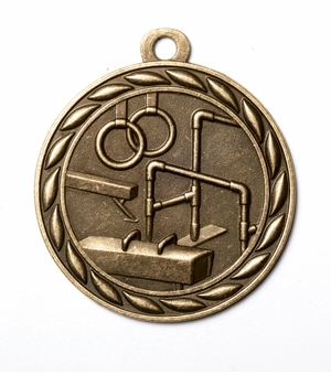 Metal 2-Inch in Diameter Round Gymnastics Medal with Cutomizable Back in Antique Brass