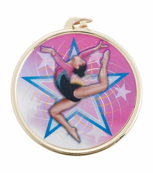 2-1/4 Inch in Diameter Round Female Gymnastics Medal in Gold and Mylar with Customizable Back