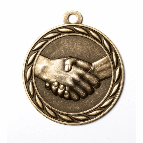 Metal 2-Inch in Diameter Round Handshake Medal with Cutomizable Back in Antique Brass
