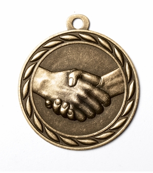 Metal 2-Inch in Diameter Round Handshake Medal with Cutomizable Back in Antique Brass