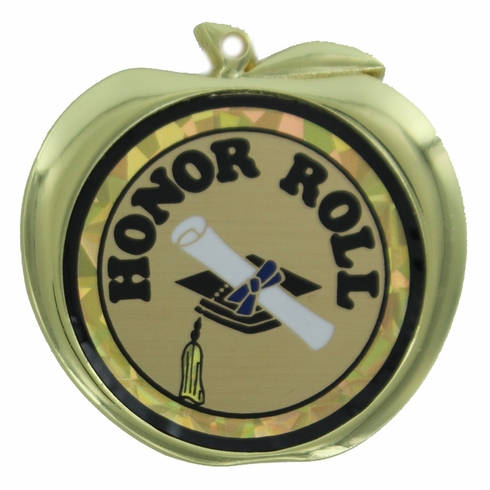 2-1/2 Inch Honor Roll Themed Apple Medal in Gold