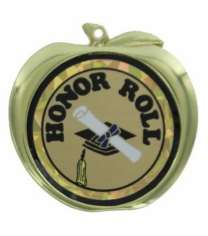 2-1/2 Inch Honor Roll Themed Apple Medal in Gold