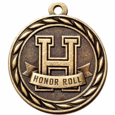 Metal 2-Inch in Diameter Round Honor Roll Medal with Cutomizable Back in Antique Brass