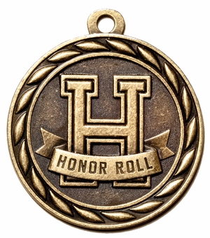 Metal 2-Inch in Diameter Round Honor Roll Medal with Cutomizable Back in Antique Brass