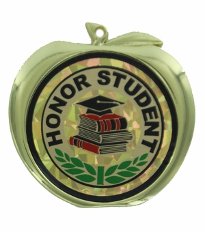 2-1/2 Inch Honor Student Themed Apple Medal in Gold