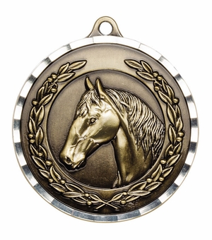 2 Inch Horse Themed Brass Medal in Gold, Silver, or Bronze with Customizable Back