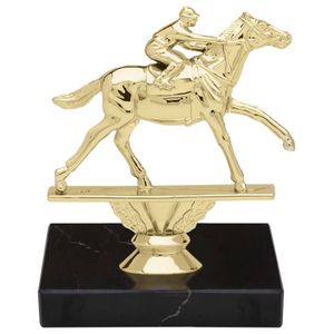 6-1/4 INCH HORSE RACING ANIMAL GOLD TROPHY ON BLACK MARBLE BASE