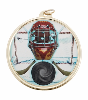 2-1/4 Inch in Diameter Round Ice Hockey Themed Gold and Mylar Medal with Customizable Back