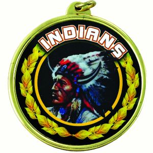 2-1/4 Inch in Diameter Round 'Indians' Styled Gold and Mylar Sports Medal with Customizable Back