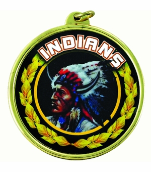 2-1/4 Inch in Diameter Round 'Indians' Styled Gold and Mylar Sports Medal with Customizable Back
