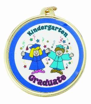 2-1/4 Inch in Diameter Round Kindergarten Graduate Medal with Mylar Detailing and Customizable Back