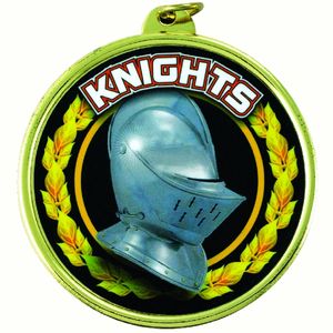 2-1/4 Inch in Diameter Round 'Knights' Themed Gold Sports Medal with Mylar Detailing and Customizable Back