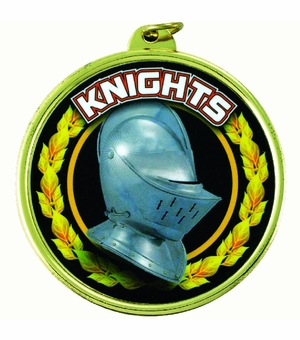 2-1/4 Inch in Diameter Round 'Knights' Themed Gold Sports Medal with Mylar Detailing and Customizable Back