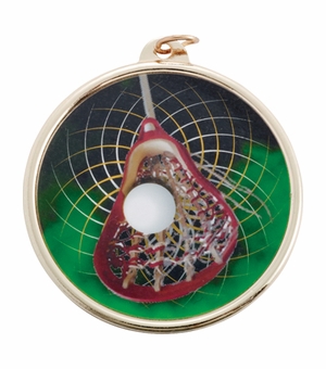 2-1/4 Inch in Diameter Round Gold Lacrosse Sports Medal with Multicolored Mylar Front and Customizable Back