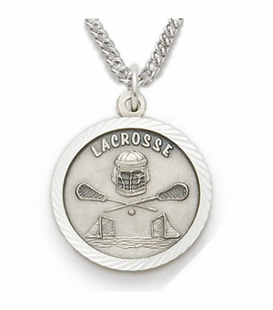 3/4 Inch Lacrosse Themed St. Christopher Medal in Sterling Silver