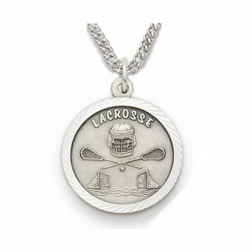 3/4 Inch Lacrosse Themed St. Christopher Medal in Sterling Silver