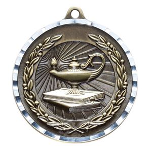 2 Inch Brass Lamp of Knowledge Medal with Customizable Back in Gold, Silver, or Bronze