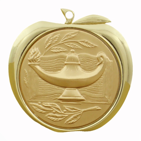 2 Inch Lamp of Learning Themed Apple Medal in Gold, Silver, or Bronze